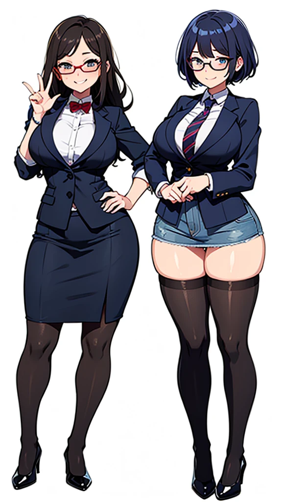two sexy women, flirtatious smiles, various hairstyles, teacher outfits, glasses, white background, full body