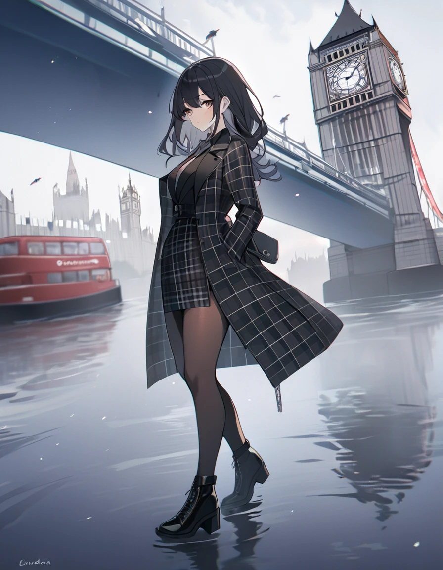 1girl(Tartan Checkin Vanness Coat、High Slit Tight Skirt）London in the fog、Walking along the Thames。