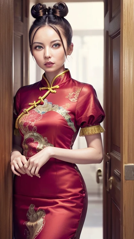 becky, (high quality, High resolution:1.2), (Realistic:1.4), (1 Girl:1), Traditional Chinese Dresses,  (Charming monkey:1), (((Double Buns))), Refer your audience, Lesbians all over, palace, corridor, ((Fringe cover)), Small breasts