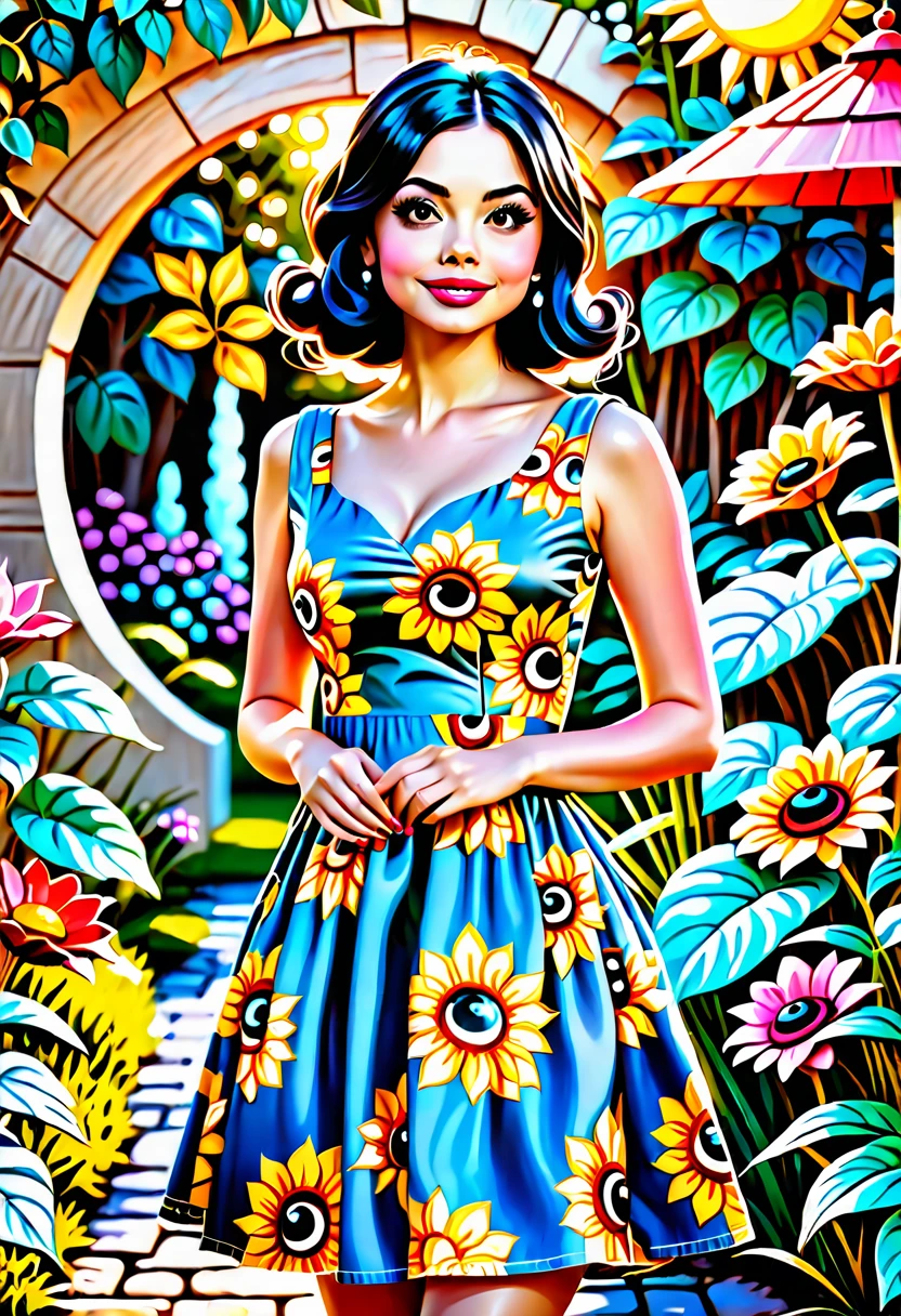 Adorable, Woman,big-eyed woman, round face. promenent lips. Smileing,In the garden,Her hands are behind her...., , large ass, wearing a cute sun dress. Picture from the side,looking at the scenes, intense colors, Very valuable details, complex details, volumetric lighting, digital art, 8k, trending on Artstation, Clear focus, complex details, highly detail, Greg Rutkowski Big Eyes, high-resolution, Black hair. Miranda Cosgrove
