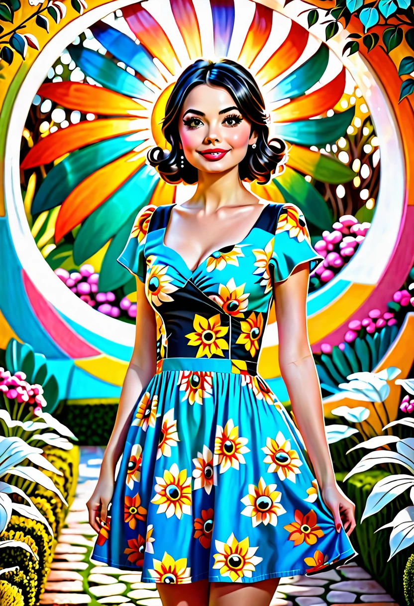 Adorable, Woman,big-eyed woman, round face. promenent lips. Smileing,In the garden,Her hands are behind her...., , large ass, wearing a cute sun dress. Picture from the side,looking at the scenes, intense colors, Very valuable details, complex details, volumetric lighting, digital art, 8k, trending on Artstation, Clear focus, complex details, highly detail, Greg Rutkowski Big Eyes, high-resolution, Black hair. Miranda Cosgrove