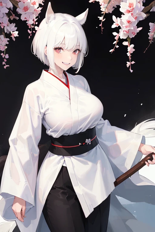 (girl),((horse ears)),(white kimono robe),(black belt),(white eyes),(((White skin))),(Black pants),((short white hair)),((medium tits)),((smiling)),((Sharp teeth))