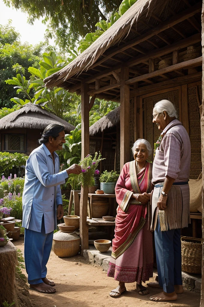In the foreground, depict Maya warmly welcoming an elderly man with a kind smile, leading him towards her cozy cottage adorned with healing herbs. Raj and Leela are seen collaborating in Raj's garden, meticulously crafting a simple hut for the elderly man, showcasing their craftsmanship and creativity. The hut is adorned with colorful textiles woven by Leela, adding an artistic touch to their act of generosity.