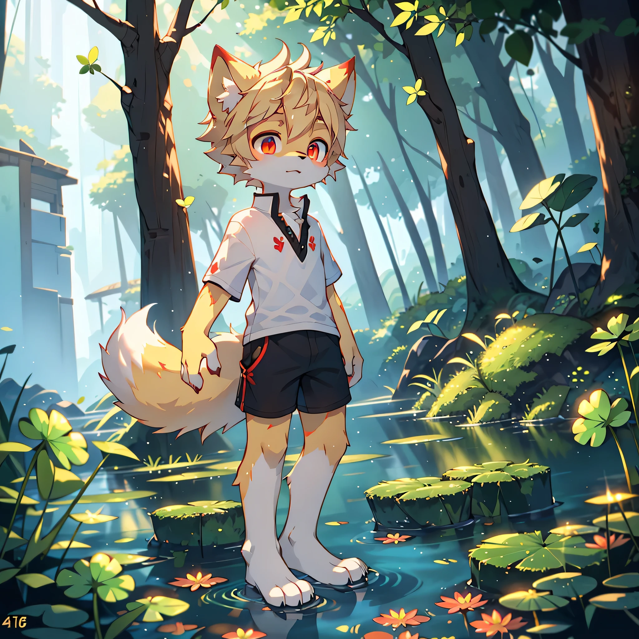 wetlands, moss, reed, lotus, Tall four-leaf clover, dew, tread water, White Fox Shota, Light Blonde Short Hair, light blonde and red streaked hair, Red Eyeshadow, Red vertical pupils, Slender body, pawpad, paws, vampire, in the shadow, Holding the four-leaf clover, Perfect lighting, fang out, shorts,black and white Short sleeve, cinematic lighting, UHD, masterpiece, anatomically correct, accurate, super detail, textured skin, best quality, highres, 16k