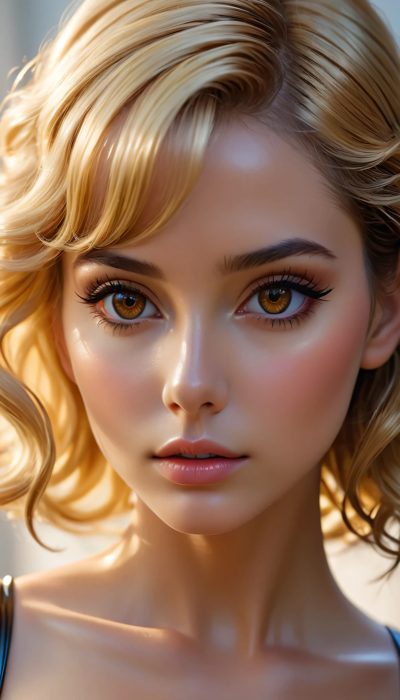 photorealistic Realism 8K, 16K Quality, (ultra absurd quality, extremely detailed detail, hyper resolution, clear sharp focus, not blurry, (perfect round, Realistic brown eyes)), ((perfect dark_eyeshadows)), (super Detailed, beautiful little nose), (perfect composition), Depth of field, cinematic light, Lens flare, (extremely beautiful face, beautiful lips), Intricate detail face, best high quality real texture skin, (A woman with velvety skin), ((best high quality real texture hair)), (short blonde hair, (wavy, combed up, behind the ear), extremely detailed)), photo of the most beautiful artwork in the world, professional majestic (photography by Steve McCurry), 8k uhd, dslr, soft lighting, high quality, Fujifilm XT3 sharp focus, f 5.6, dramatic, (Anatomically correct perfect proportions), ((perfect hands:1.2)), ((perfect female body:1.4)), cute girl, ((firm and full breasts)), ((super beautiful cute sharp-face)), (light pale complexion), transparent color pvc ((full-body shiny latex, full colors Brightly outfit, holograph tight latex:1.24)), (((close to her face:1.33)))