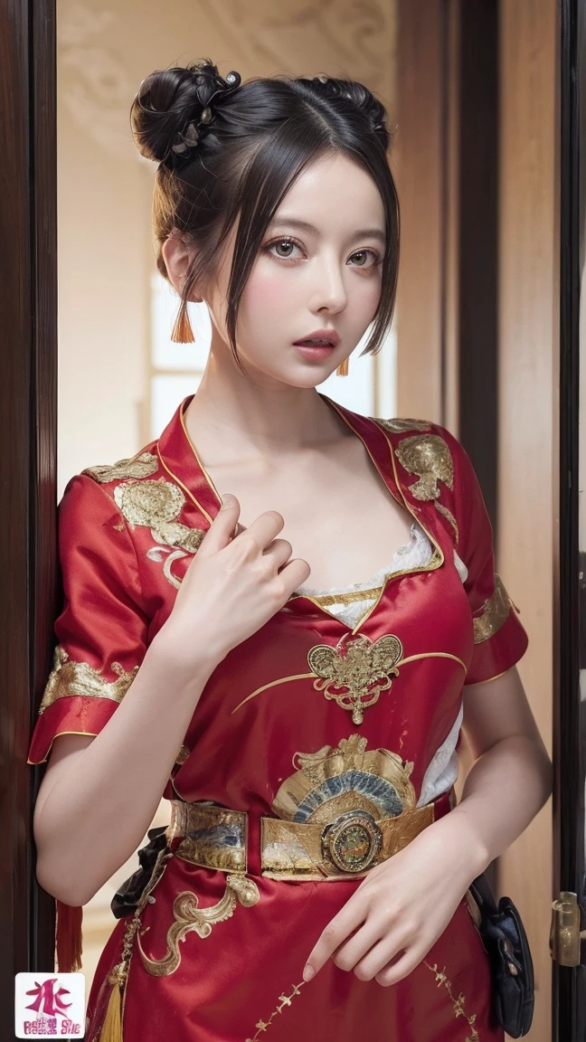 becky, (high quality, High resolution:1.2), (Realistic:1.4), (1 Girl:1), Traditional Chinese Dresses,  (Charming monkey:1), (((Double Buns))), Refer your audience, Lesbians all over, palace, corridor, ((Fringe cover)), Small breasts