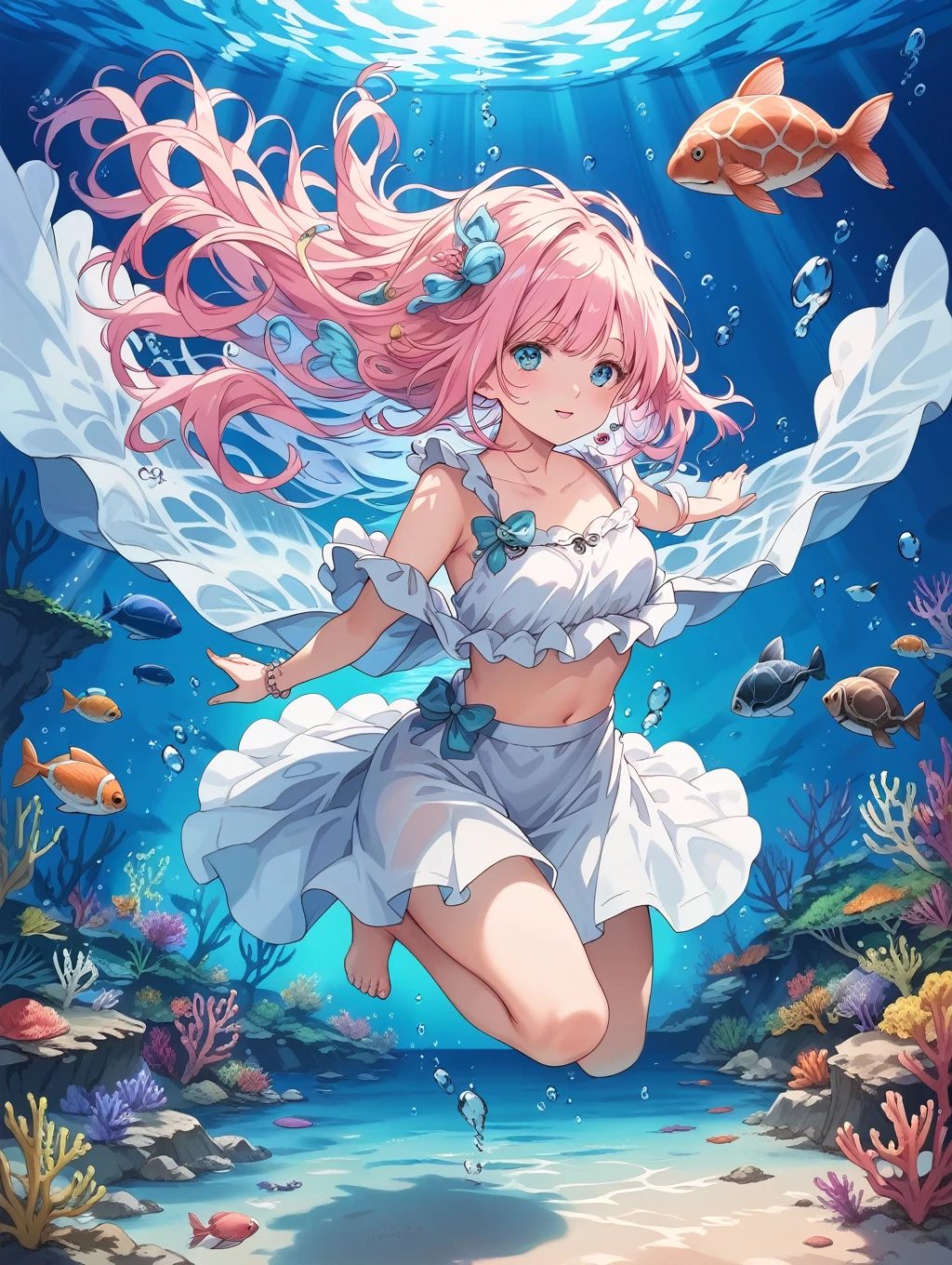 score_9, score_8_up, score_7_up, source_anime, masterpiece, best quality, high resolution, extremely detailed CG, absurdres, 1girl, solo, Full body, undersea environment, soft sunlight, Colorful tropical fish, Big sea turtle, underwater scene, underwater environment, deep underwater scene, underwater ocean, underwater landscape, ocean floor, underwater landscape, underwater background, Light in the water, under water scenery, reefs, coral sea bottom, reefs, Swimming, (gradation hair:1.1) 