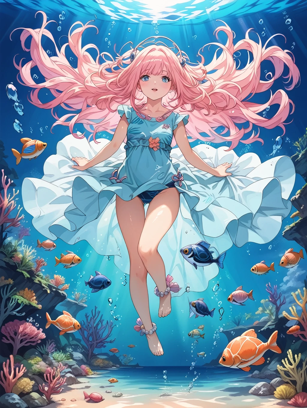 score_9, score_8_up, score_7_up, source_anime, masterpiece, best quality, high resolution, extremely detailed CG, absurdres, 1girl, solo, Full body, undersea environment, soft sunlight, Colorful tropical fish, Big sea turtle, underwater scene, underwater environment, deep underwater scene, underwater ocean, underwater landscape, ocean floor, underwater landscape, underwater background, Light in the water, under water scenery, reefs, coral sea bottom, reefs, Swimming, (gradation hair:1.1)