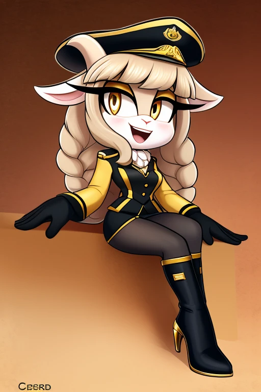 Lamb girl of great beauty, light beige hair almost white, long curled ends, laughing fringe, golden eyes or long tines, black and gold military suit and hat, serious face without showing emotions, heeled ankle boots, elegant black gloves with bow
