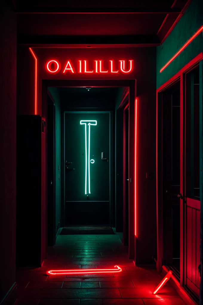 Sign that says "Fomalhaut" red with neon lights in a large black house on the seashore