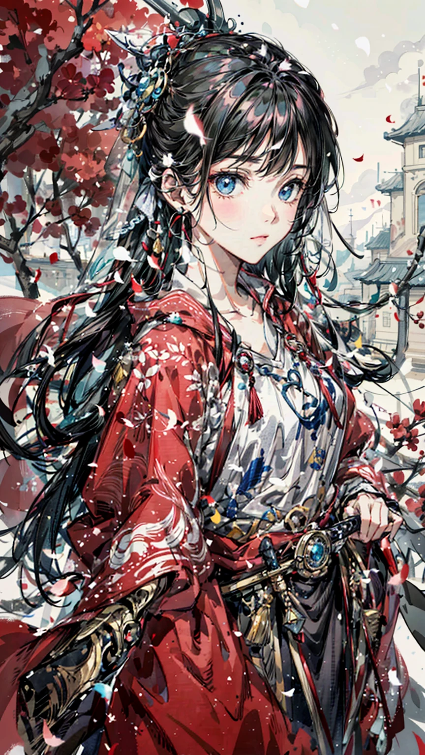 A painting of a woman wearing a veil and a sword, Beautiful character painting, Guviz, Guviz-style artwork, Guweiz in Pixiv ArtStation, Guweiz on ArtStation Pixiv, a beautiful anime portrait, Beautiful anime woman, guweiz masterpiece, style of anime4 K, Palace ， A girl in Hanfu，Sword in hand