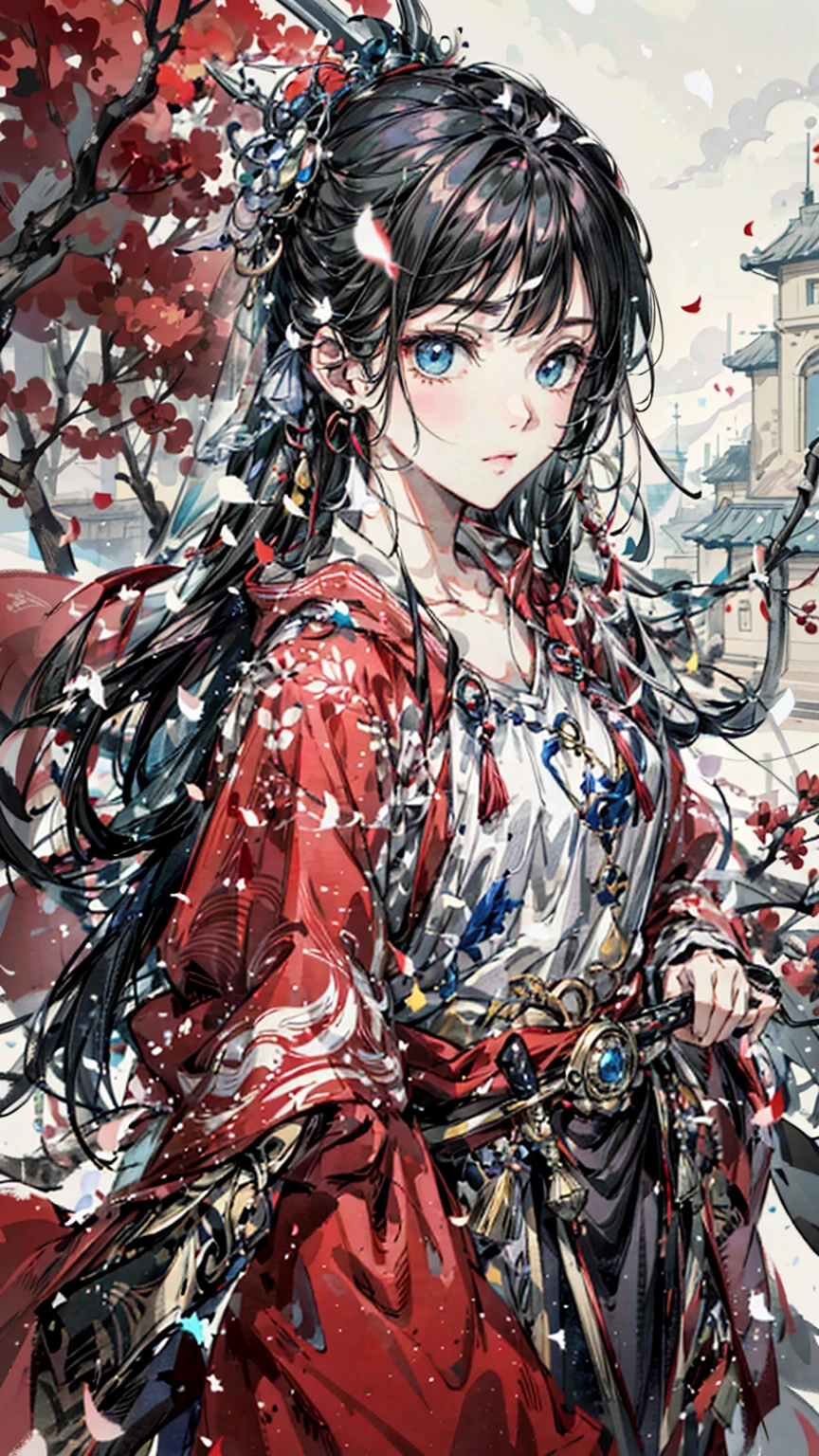 A painting of a woman wearing a veil and a sword, Beautiful character painting, Guviz, Guviz-style artwork, Guweiz in Pixiv ArtStation, Guweiz on ArtStation Pixiv, a beautiful anime portrait, Beautiful anime woman, guweiz masterpiece, style of anime4 K, Palace ， A girl in Hanfu，Sword in hand