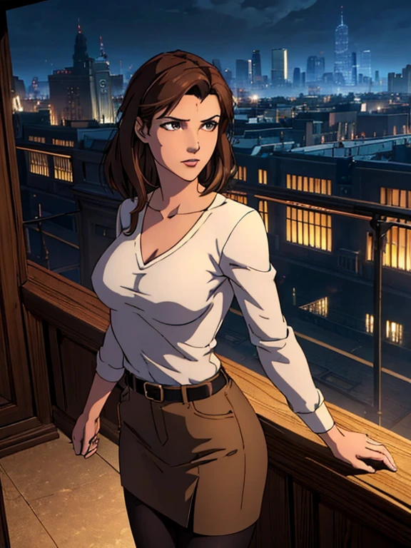 (masterpiece, top quality, best quality, official art, beautiful and aesthetic:1.2), (1girl:1.3), (gorgeous face), age19, short light brown hair, honey colored highlights, hazel eyes, brown eyes, C-cup, slender body, (full body:0.6), detailed background, close up, (airy modern theme:1.1), mysterious, standing on roof top, city skyline, casual clothes, modern, background, dark mysterious lighting, shadows, magical atmosphere, high angle,