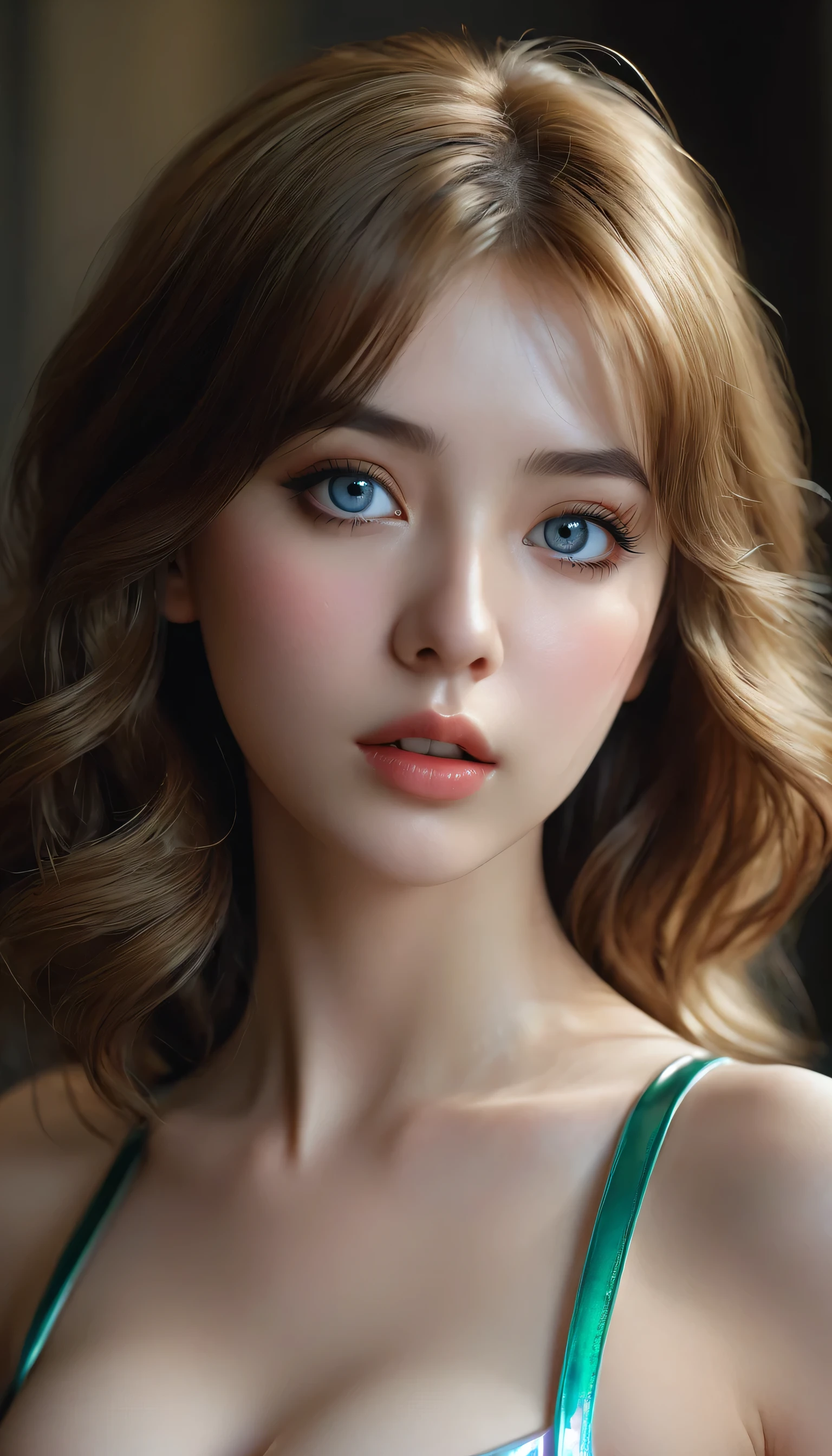 photorealistic Realism 8K, 16K Quality,
(ultra absurd quality, extremely detailed detail, hyper resolution, clear sharp focus, not blurry, (Realistic random eye color)),
((perfect dark_eyeshadows)), (super Detailed, beautiful little nose), (perfect composition), Depth of field, cinematic light, Lens flare, (extremely beautiful face, beautiful lips), Intricate detail face, best high quality real texture skin, (A woman with velvety skin), ((best high quality real texture hair)), (short blonde hair, (wavy, combed up, behind the ear), extremely detailed)), photo of the most beautiful artwork in the world, professional majestic (photography by Steve McCurry), 8k uhd, dslr, soft lighting, high quality, Fujifilm XT3 sharp focus, f 5.6, dramatic, (Anatomically correct perfect proportions), ((perfect hands:1.2)), 
((perfect female body:1.4)), cute girl, ((firm and full breasts)), 
(the most absurd quality perfect eyes:1.35), ((super beautiful cute sharp-face)), (light pale complexion), transparent color pvc ((full-body shiny latex, full colors Brightly outfit, holograph tight latex:1.24)), (((close to her face:1.33)))