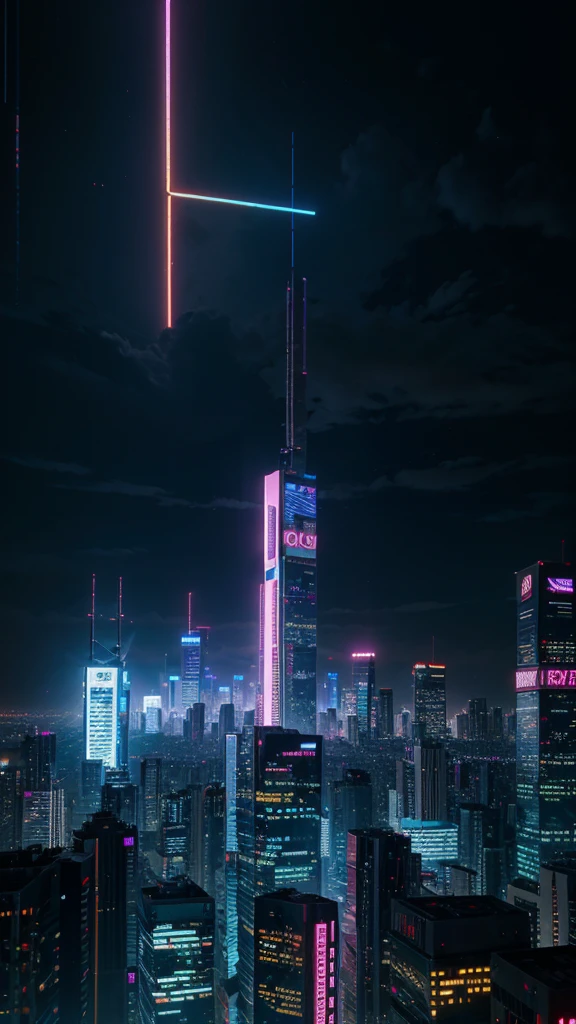 panoramic image of cyberpunk city, detalles altos, neon lights blue and purple, the highest resolution, 8k, colores neones,
