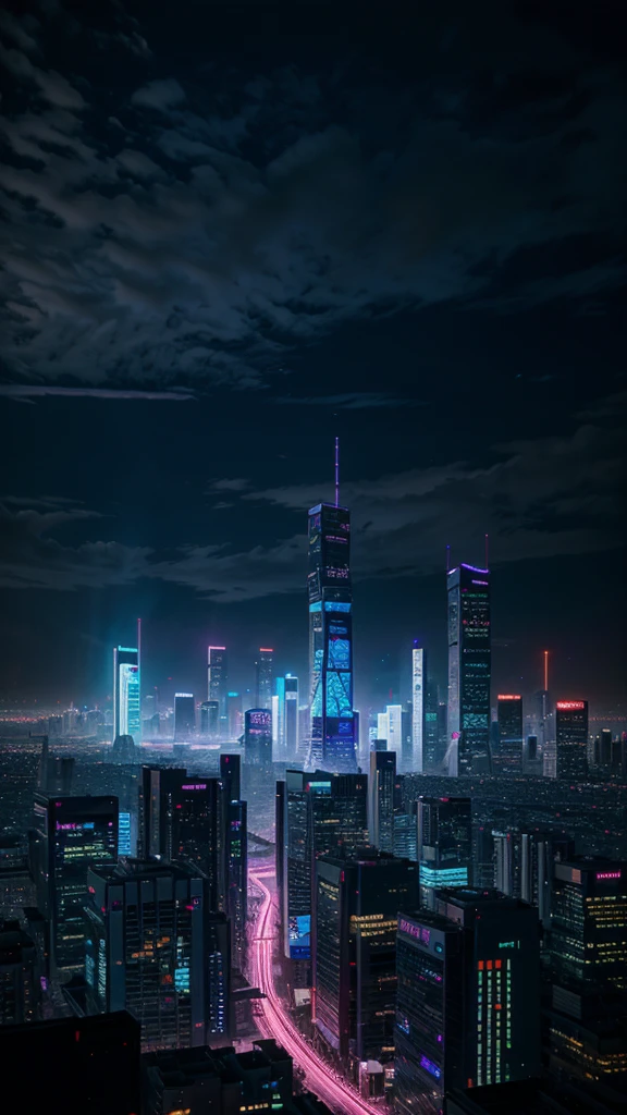panoramic image of cyberpunk city, detalles altos, neon lights blue and purple, the highest resolution, 8k, colores neones,