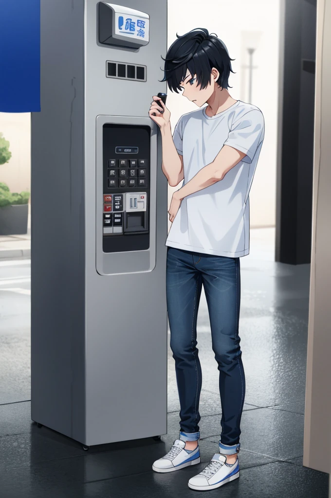 a boy full body, black hair, wearing a white badlon, light blue shirt, jeans, phoning green payphone, high res, ultrasharp, 8K, masterpiece