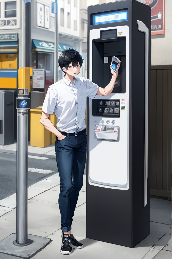 a boy full body, black hair, wearing a white badlon, light blue shirt, jeans, phoning green payphone, high res, ultrasharp, 8K, masterpiece