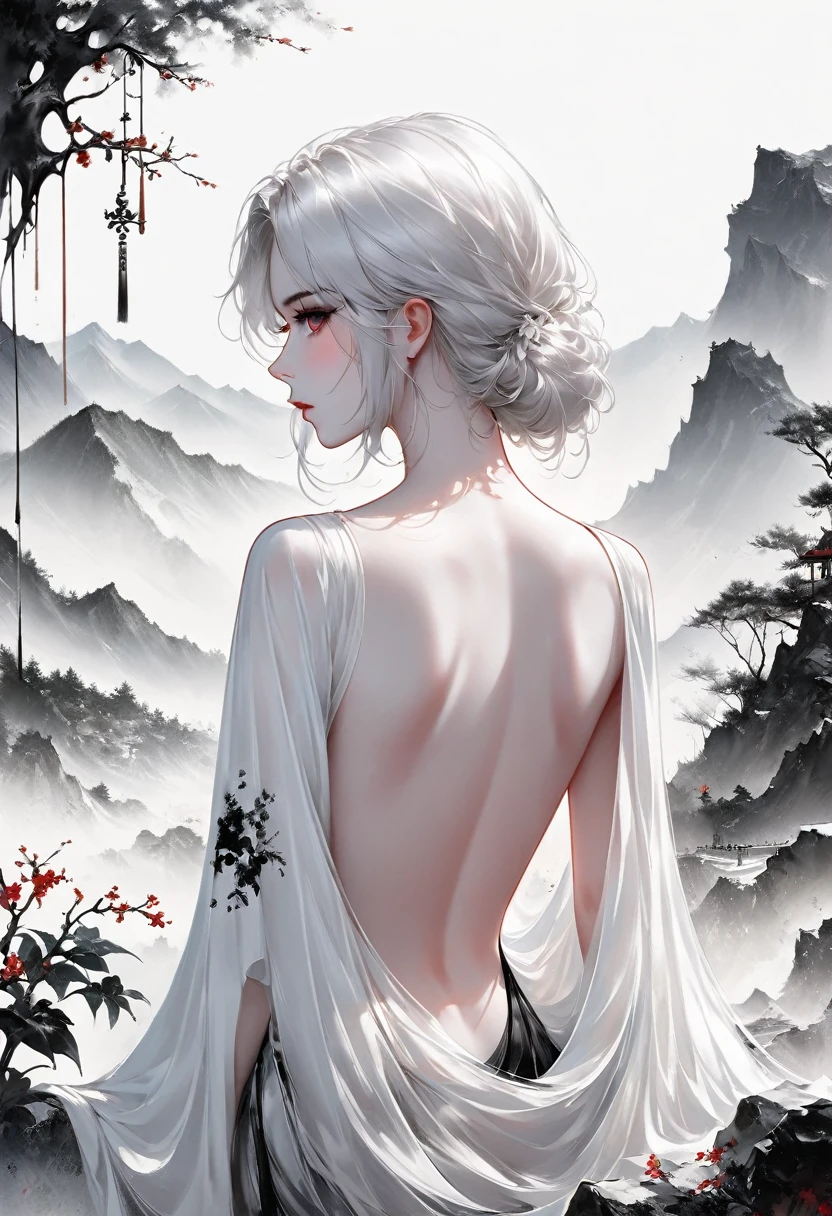 (Lots of white space:1.5),(Lots of white space around:1.6), White background, simple, Minimalism, abstract,Freehand,Aesthetic,black and white,Ink Painting,antiquity,a mountain,一个远处的旗袍Back,(Back:1.7),A beautiful artistic illustration, author:Li Song, Arte no estilo de Guweiz, arte shin jinyoung, Obra-prima de Guweiz, Ross chart 1. 0, Beautiful digital illustrations, Inspired by non-WLOP, Cute and cute digital art, jingna zhang, Guweiz, Stunning digital illustrations