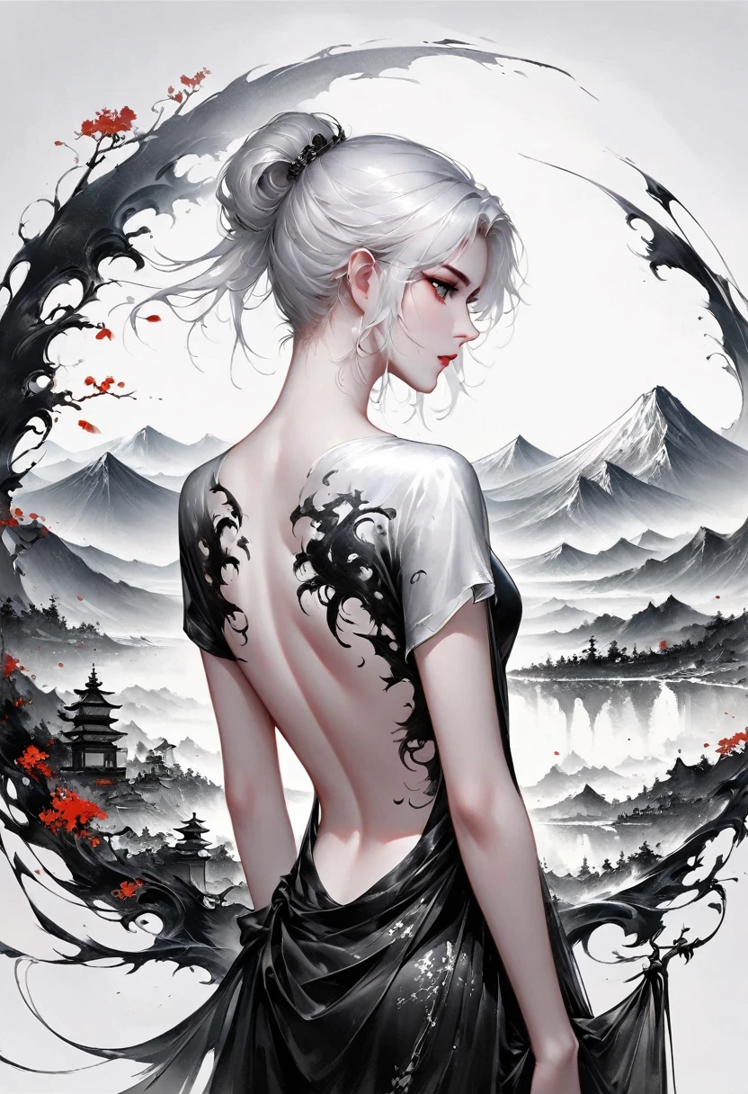 (Lots of white space:1.5),(Lots of white space around:1.6), White background, simple, Minimalism, abstract,Freehand,Aesthetic,black and white,Ink Painting,antiquity,a mountain,一个远处的旗袍Back,(Back:1.7),A beautiful artistic illustration, author:Li Song, Arte no estilo de Guweiz, arte shin jinyoung, Obra-prima de Guweiz, Ross chart 1. 0, Beautiful digital illustrations, Inspired by non-WLOP, Cute and cute digital art, jingna zhang, Guweiz, Stunning digital illustrations