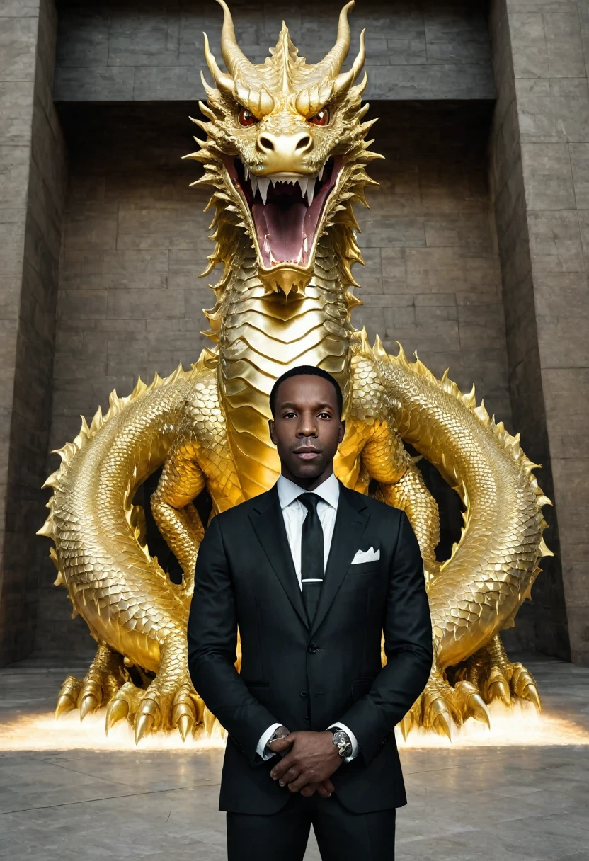 Shawt a black man i. A black suit standing in front of a massive gold

 dragon
