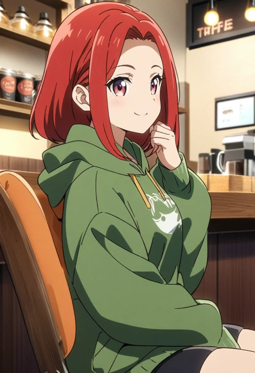Pretty asian woman, bright red hair, black shorts and a green hoodie, cute, sitting in a big chair. Anime style, coffee shop environment, pretty smile
