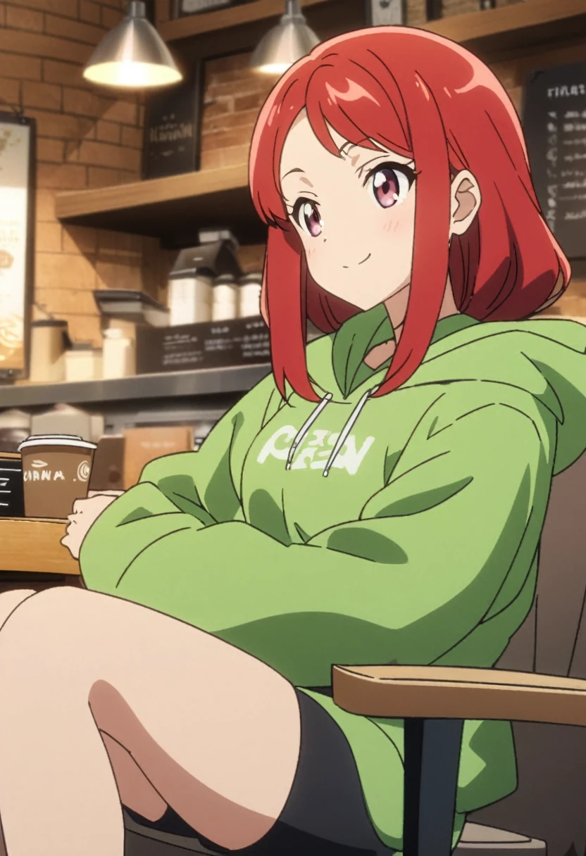 Pretty asian woman, bright red hair, black shorts and a green hoodie, cute, sitting in a big chair. Anime style, coffee shop environment, pretty smile