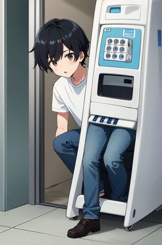 a boy full body, black hair, wearing a white badlon, light blue shirt, jeans, phoning green payphone, high res, ultrasharp, 8K, masterpiece