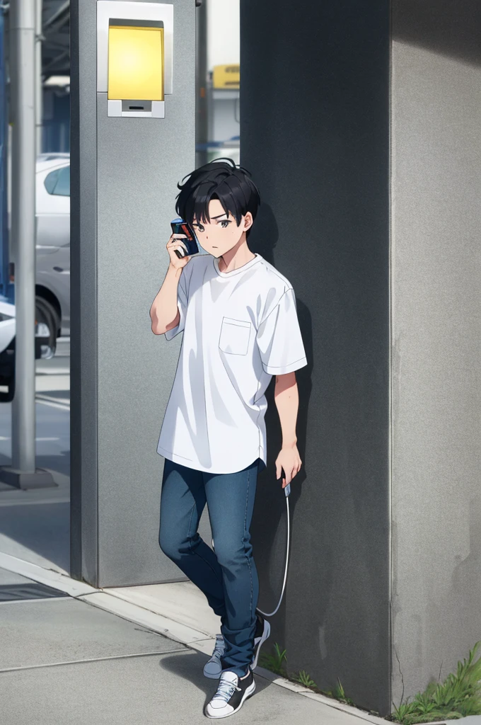 a boy full body, black hair, wearing a white badlon, light blue shirt, jeans, phoning green payphone, high res, ultrasharp, 8K, masterpiece