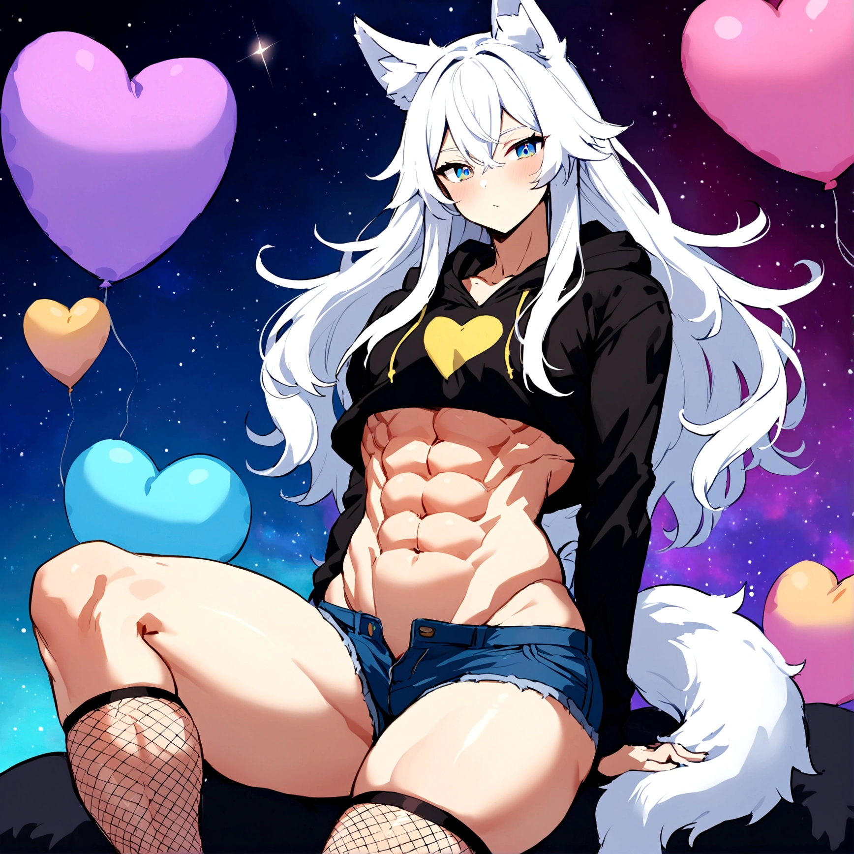 a cute adult male with wolf ears, long white hair, long locks, has a wolf tail, wearing a loose cropped black hoodie, wearing a pair of denim short shorts and fishnet stockings, thick thighs, wide hips, relaxing on mound of fluffy multi colored kawaii plushies, short, very slim, showing slender tummy, heart on hoodie, squishy thighs, has glowing blue eyes. alone, solo (ALONE)(SOLO), colorful galaxy backround, has abs