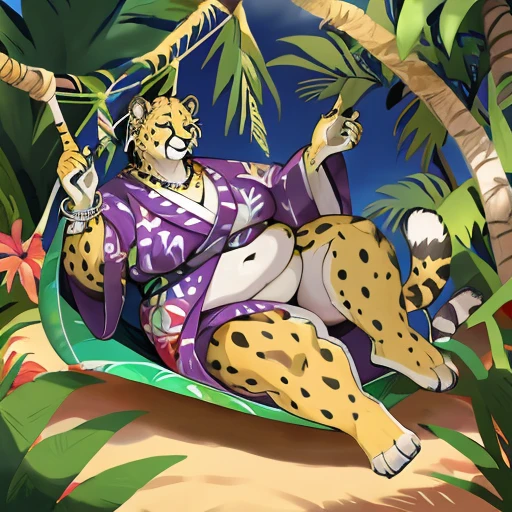 Drawing style An anthropomorphic cheetah with siover eyes Female cheetah, fat, fat belly, fat thighs, fat arms, lovehandles, silver eyes, hammock, tropical setting, kimono, silver earrings, silver bracelets, silver rings, silver necklaces