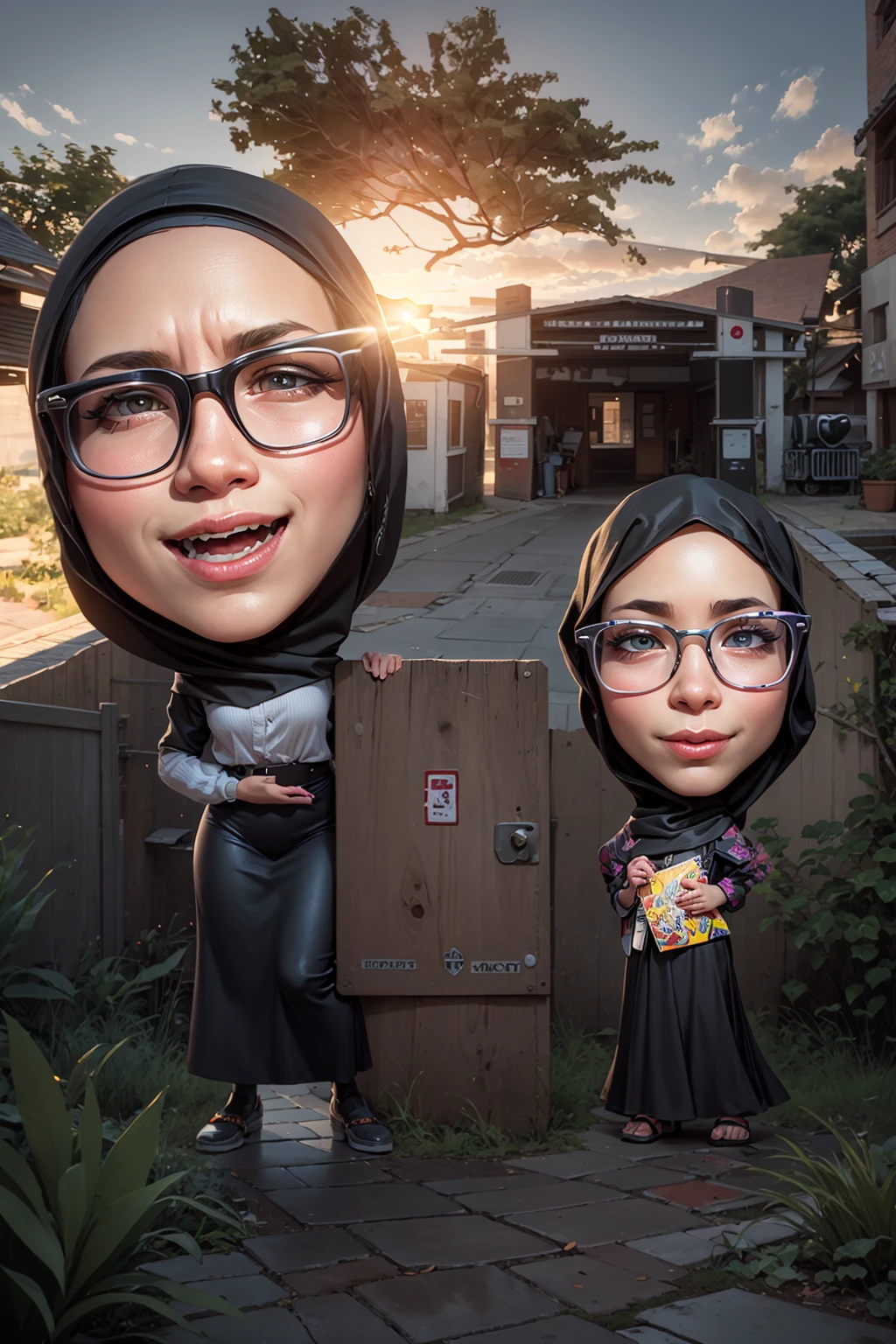 cartoon of a woman and a girl holding a big card, Wearing hijab,A school gate building with a tree in front of it, Beautiful sky, full protrait, potrait, caricature illustration, inspired by JoWOnder, wide portrait, protrait, digital art cartoon, realism artstyle, caricature, caricature style, caricature!!!, cartoon artstyle, by Abidin Dino, chibi, realism art, scandy and arender