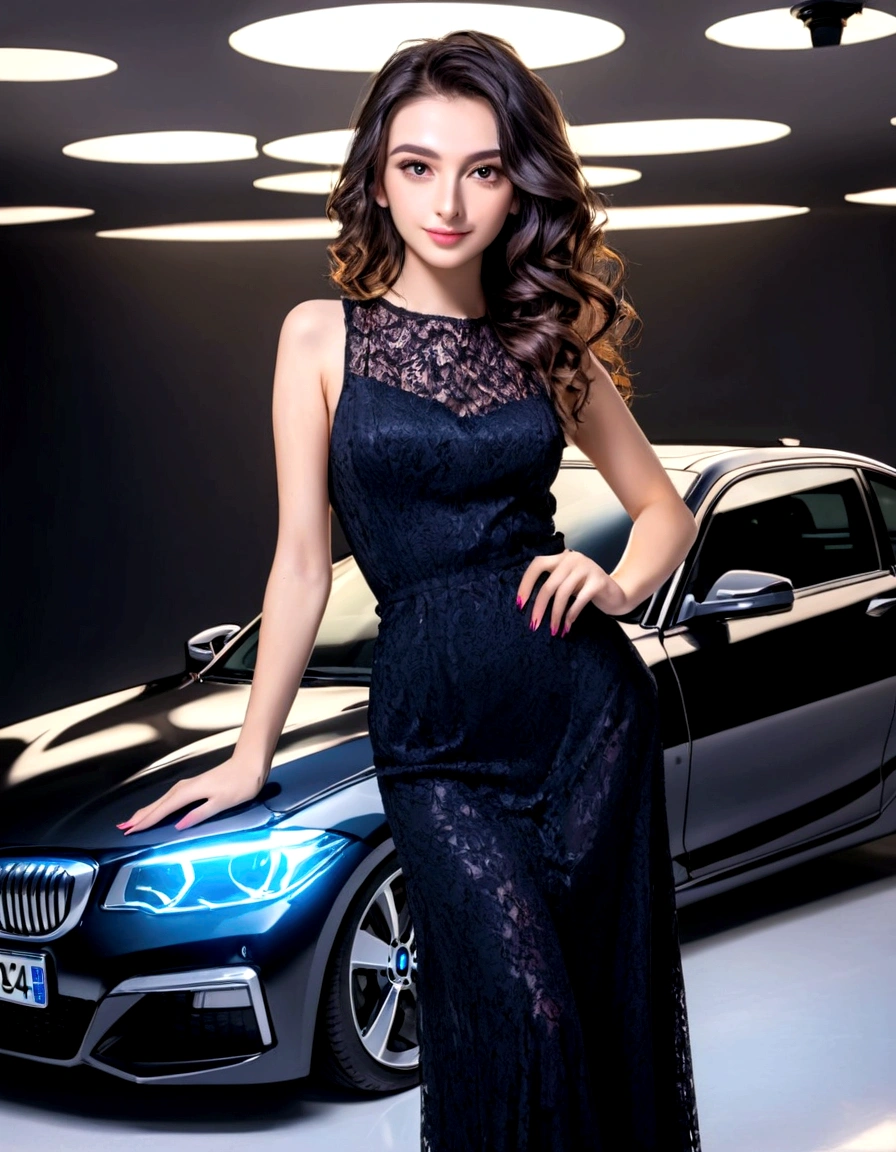 An adult Turkish woman posing in front of a black BMW 2024 model poses for the camera. She is wearing an attractive dress, her hair is black, a little long and wavy. 