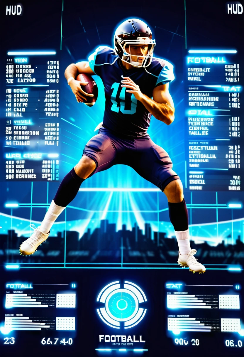 american football player stat cards, in style of futuristic hud display data screen, --ar 2:3
