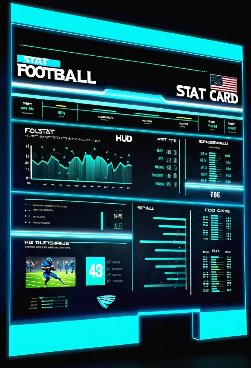american football player stat cards, in style of futuristic hud display data screen, --ar 2:3