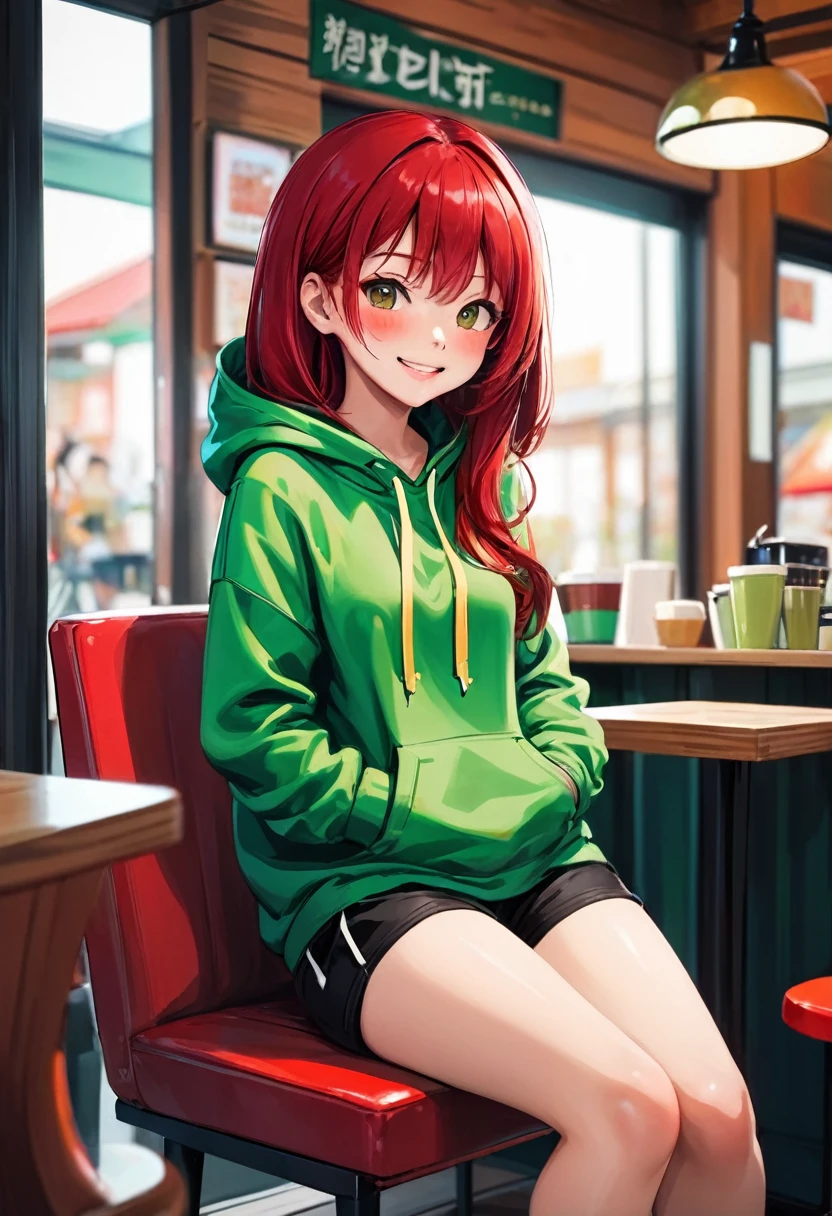 Pretty asian woman, bright red hair, black shorts and a green hoodie, cute, sitting in a big chair. Anime style, coffee shop environment, pretty smile