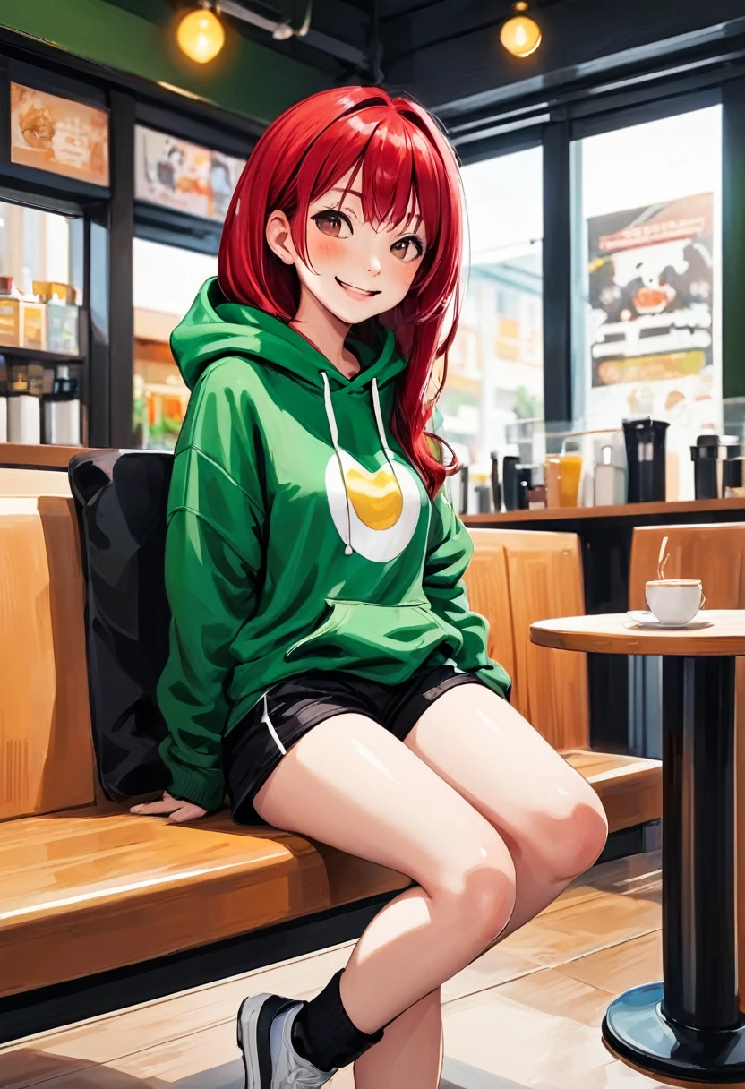 Pretty asian woman, bright red hair, black shorts and a green hoodie, cute, sitting in a big chair. Anime style, coffee shop environment, pretty smile