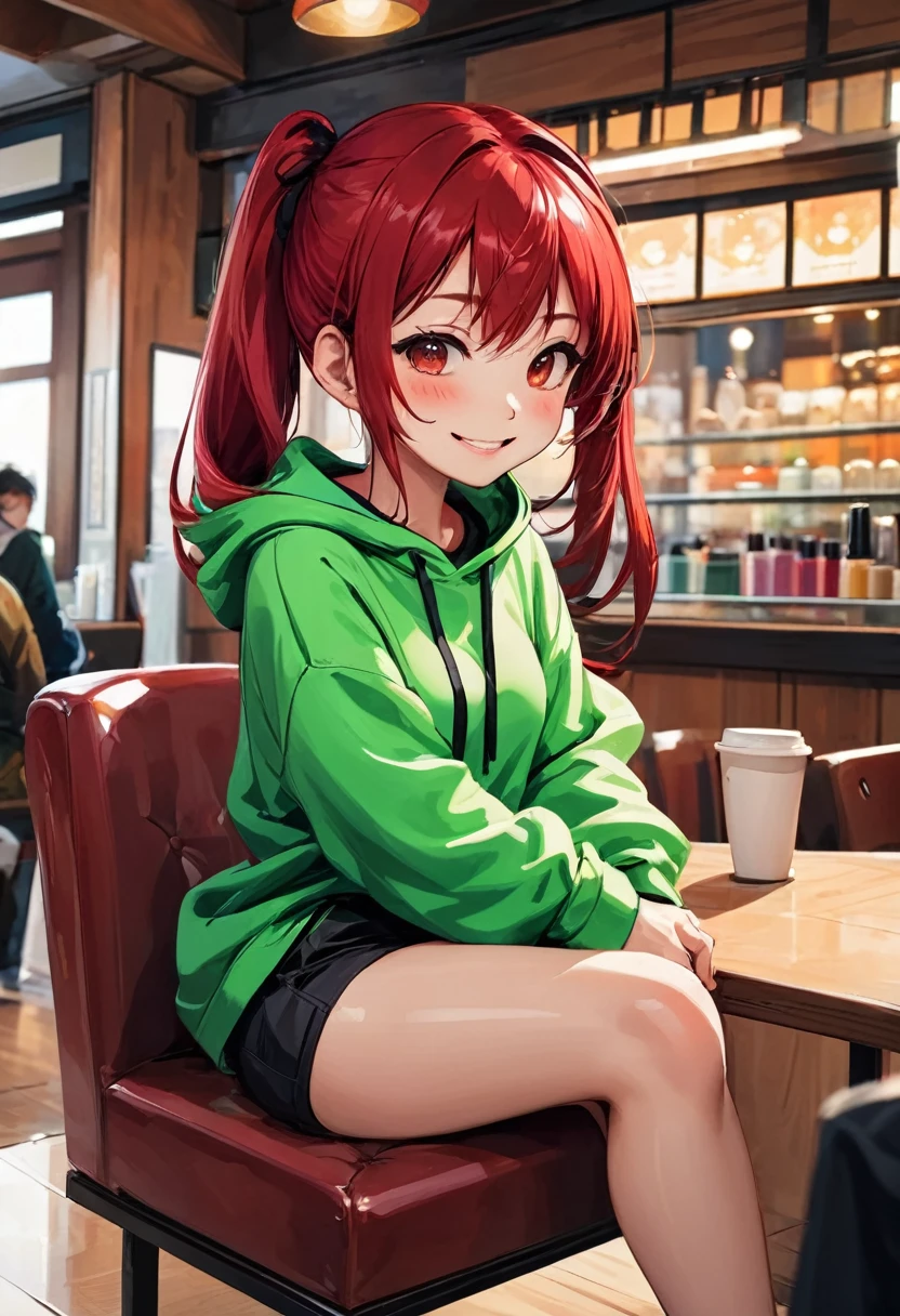 Pretty asian woman, bright red hair, black shorts and a green hoodie, cute, sitting in a big chair. Anime style, coffee shop environment, pretty smile