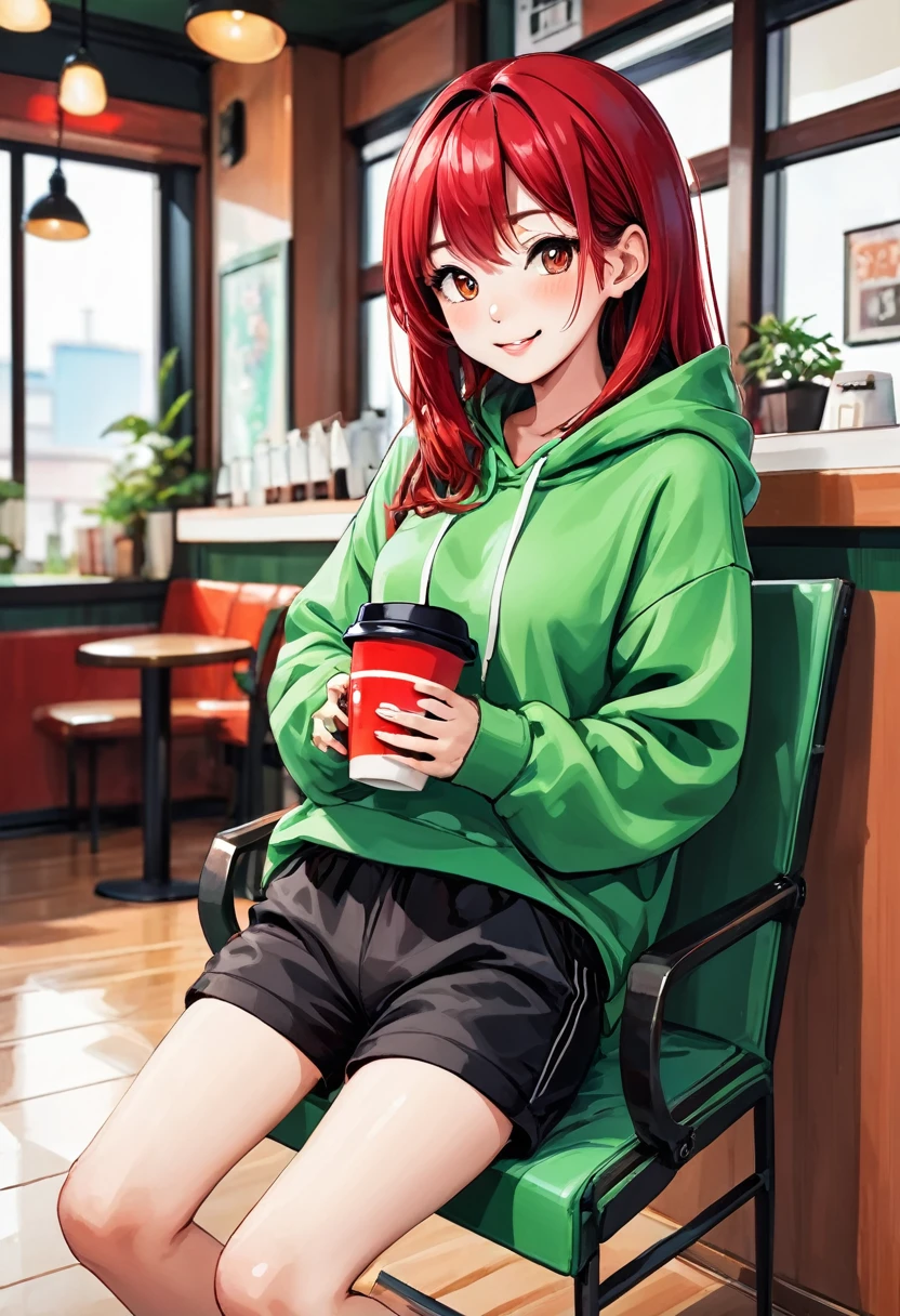 Pretty asian woman, bright red hair, black shorts and a green hoodie, cute, sitting in a big chair. Anime style, coffee shop environment, pretty smile