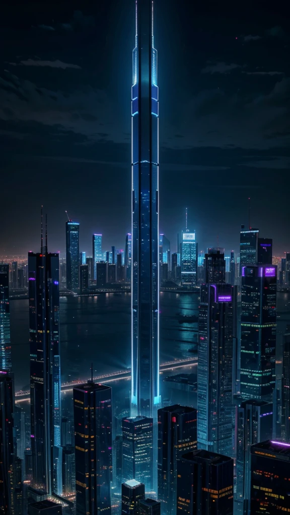 futuristic city, cyberpunk, tallest building, sky view, neon light blue and purple from building, night time, 8k quality, masterpiece, no one
