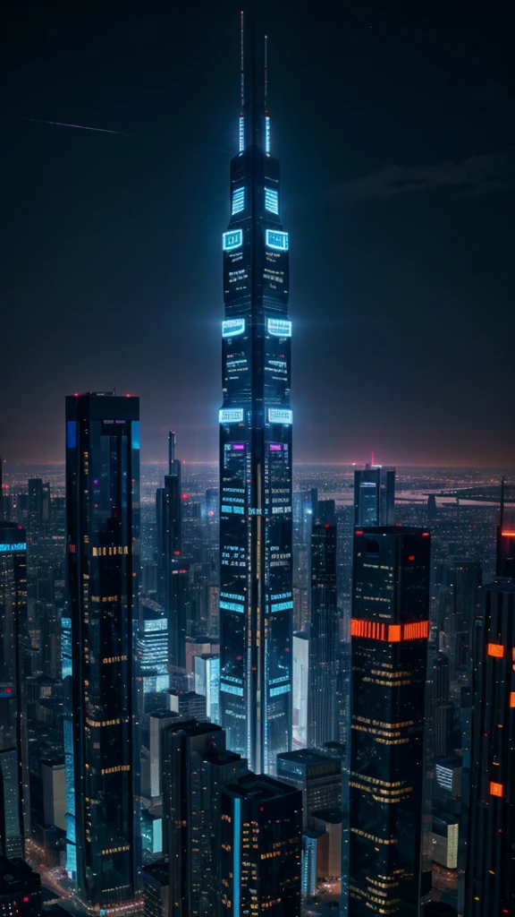 futuristic city, cyberpunk, tallest building, sky view, neon light blue and purple from building, night time, 8k quality, masterpiece, no one 