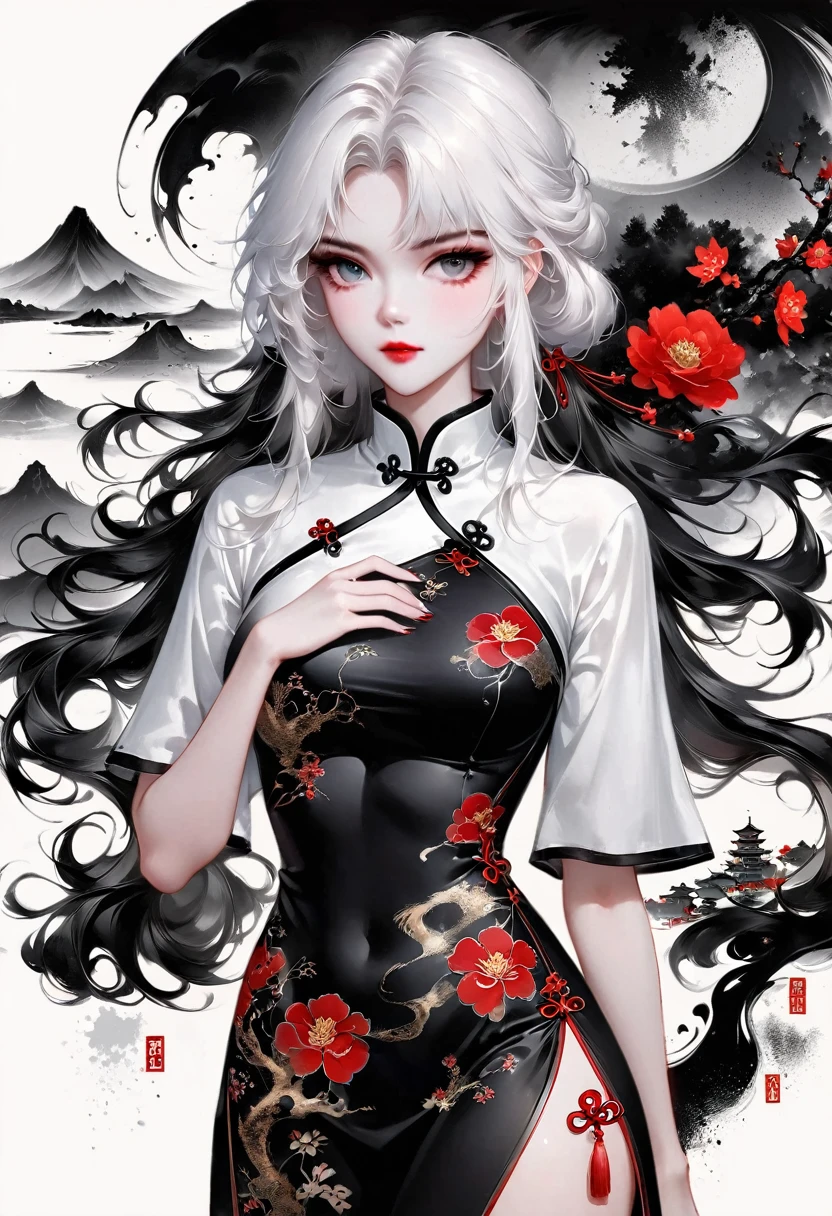 (Lots of white space:1.5)，(Lots of white space around:1.6), White background, simple, Minimalism, abstract,Freehand，Aesthetic，black and white，Ink Painting，antiquity，a mountain，一个远处的cheongsam女孩，(cheongsam:1.7),A beautiful artistic illustration, author：Li Song, Arte no estilo de Guweiz, arte shin jinyoung, Obra-prima de Guweiz, Ross chart 1. 0, Beautiful digital illustrations, Inspired by non-WLOP, Cute and cute digital art, jingna zhang, Guweiz, Stunning digital illustrations