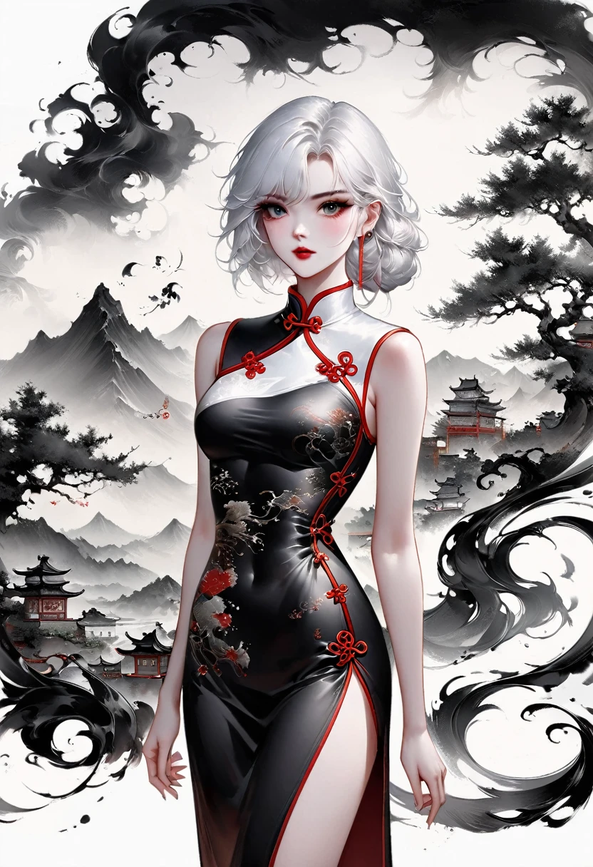 (Lots of white space:1.5),(Lots of white space around:1.6), White background, simple, Minimalism, abstract,Freehand,Aesthetic,black and white,Ink Painting,antiquity,a mountain,一个远处的cheongsam女孩,(cheongsam:1.7),A beautiful artistic illustration, author:Li Song, Arte no estilo de Guweiz, arte shin jinyoung, Obra-prima de Guweiz, Ross chart 1. 0, Beautiful digital illustrations, Inspired by non-WLOP, Cute and cute digital art, jingna zhang, Guweiz, Stunning digital illustrations