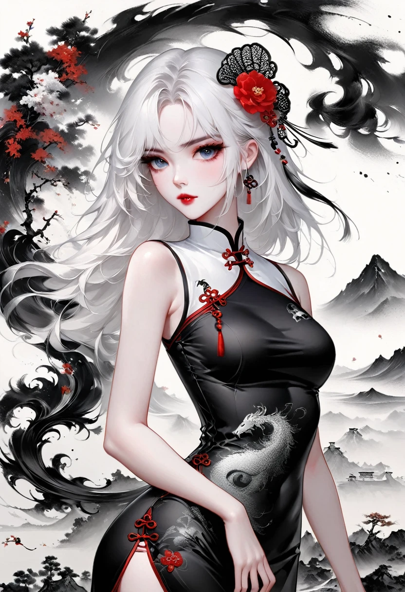 (Lots of white space:1.5)，(Lots of white space around:1.6), White background, simple, Minimalism, abstract,Freehand，Aesthetic，black and white，Ink Painting，antiquity，a mountain，一个远处的cheongsam女孩，(cheongsam:1.7),A beautiful artistic illustration, author：Li Song, Arte no estilo de Guweiz, arte shin jinyoung, Obra-prima de Guweiz, Ross chart 1. 0, Beautiful digital illustrations, Inspired by non-WLOP, Cute and cute digital art, jingna zhang, Guweiz, Stunning digital illustrations