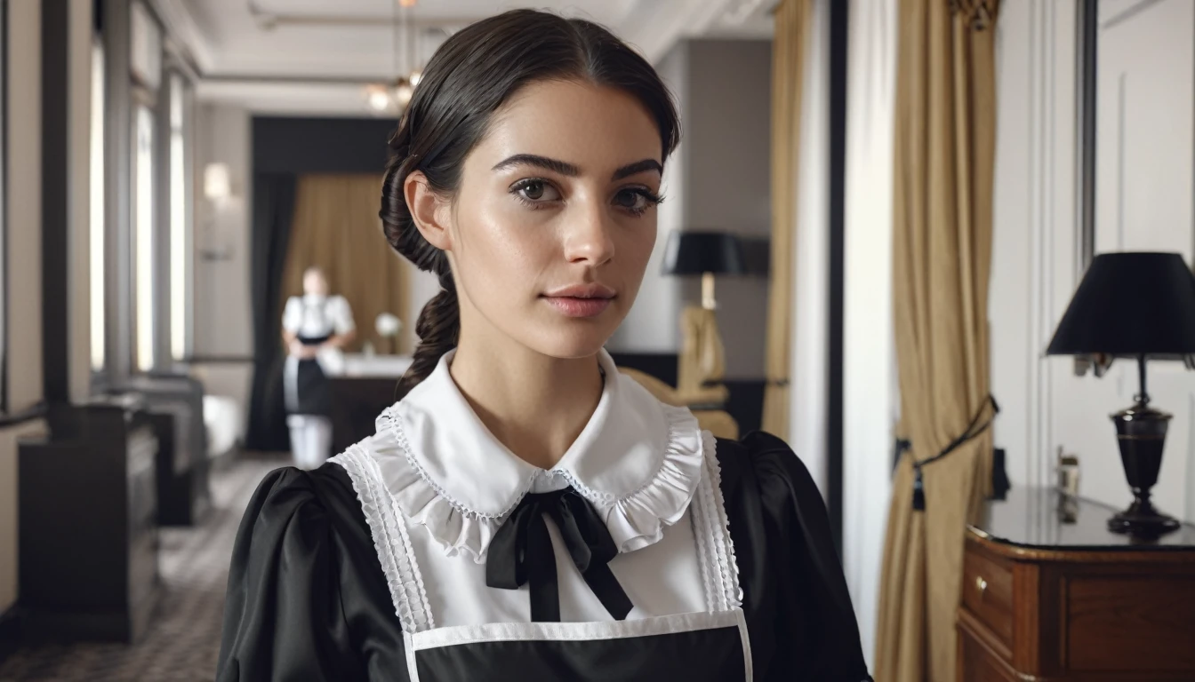 "Ultra-realistic portrait of a beautiful and humble 25-year-old French maid working in a hotel, capturing fine details of her features. She is wearing a classic black and white maid uniform with a neat apron, standing in a well-kept hotel room with elegant decor. The image is highly detailed, photorealistic, with 8K resolution, cinematic composition, trending on Artstation."