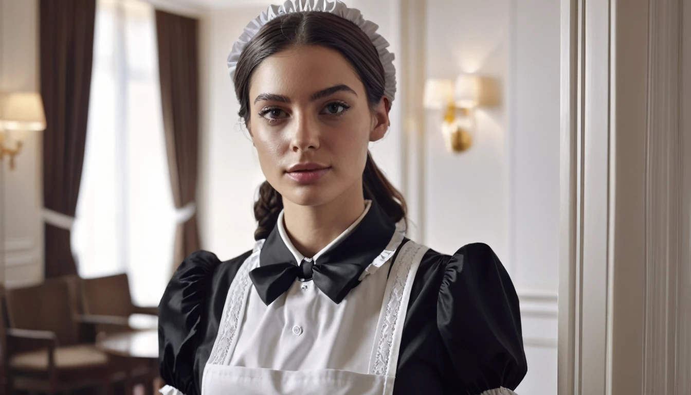 "Ultra-realistic portrait of a beautiful and humble 25-year-old French maid working in a hotel, capturing fine details of her features. She is wearing a classic black and white maid uniform with a neat apron, standing in a well-kept hotel room with elegant decor. The image is highly detailed, photorealistic, with 8K resolution, cinematic composition, trending on Artstation."
