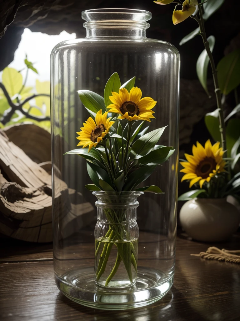a glass bottle with a vine inside with orchids and sunflowers in the background a cave with crystals and a crystal clear lake