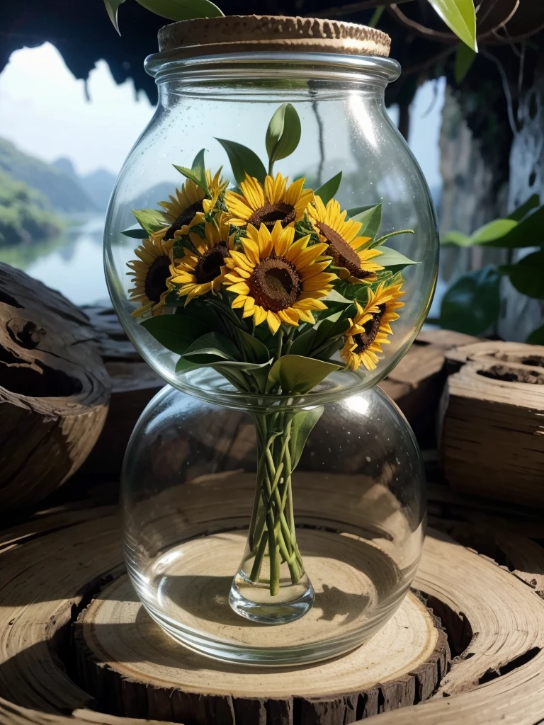 a glass bottle with a vine inside with orchids and sunflowers in the background a cave with crystals and a crystal clear lake