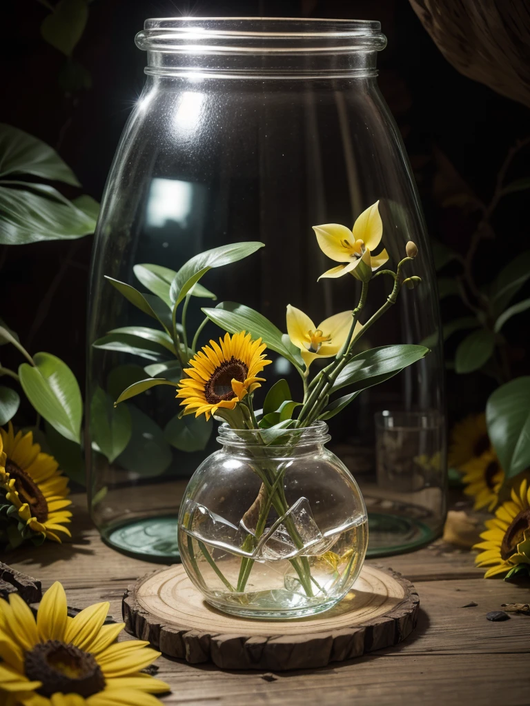 a glass bottle with a vine inside with orchids and sunflowers in the background a cave with crystals and a crystal clear lake