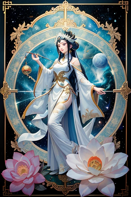 deusa kuan yin, white clothing with blue details, branch lotus flower, galaxy, stele, firmament
